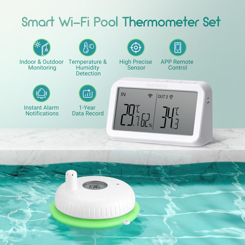 INKBIRD Pool Thermometer with WiFi Gateway Indoor Outdoor Pool Thermometer Set Digital Temperature Monitor for Swimming Pools EU Plug