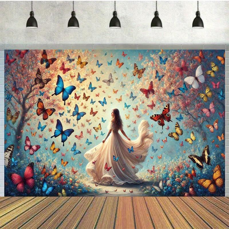 2D Plane, One Ethereal Butterfly Girl, Solemn Garden Scene, Vibrant Butterflies and Flowers Adorning It