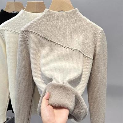 Women's Autumn and Winter Thickened Half Turtleneck Knitted Sweater One-Piece Fleece Base Blouse Warm Fleece-Added Top