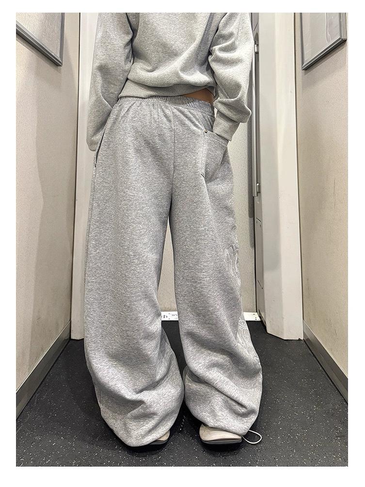 Women's Autumn Wide-Leg Hip Hop Sweatpants with Side Letter Embroidery and Drawstring for Jazz Dance