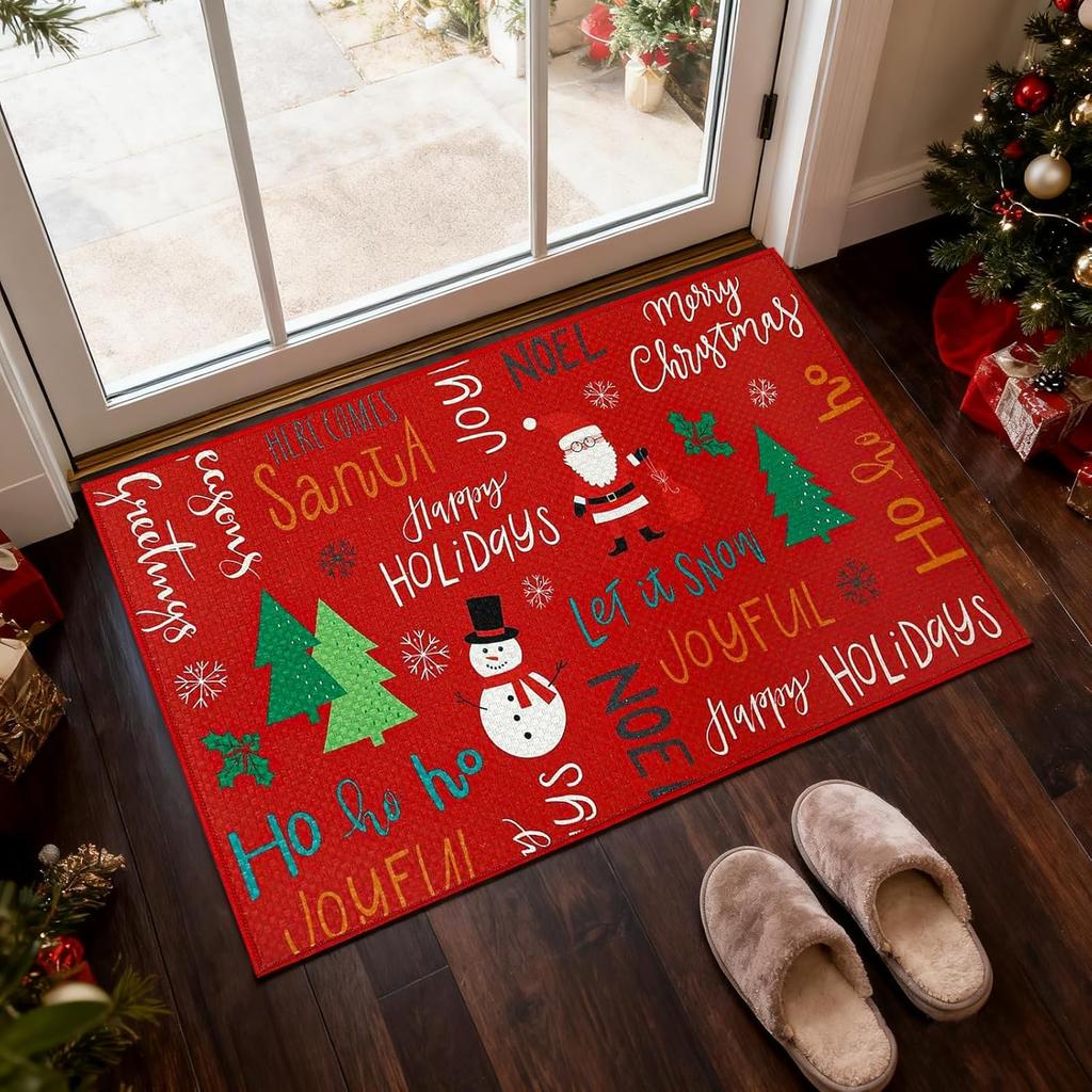 Christmas Gnome Door Mat Plaid Pattern Welcome Rug Festive Home Decor Mat Waterproof Non Slip Floor Protector for Xmas Entrance