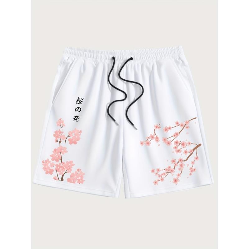 American Men's Summer Personalized Cherry Blossom Letter Print Micro Elastic Breathable Drawstring Shorts Outdoor Casual Pants