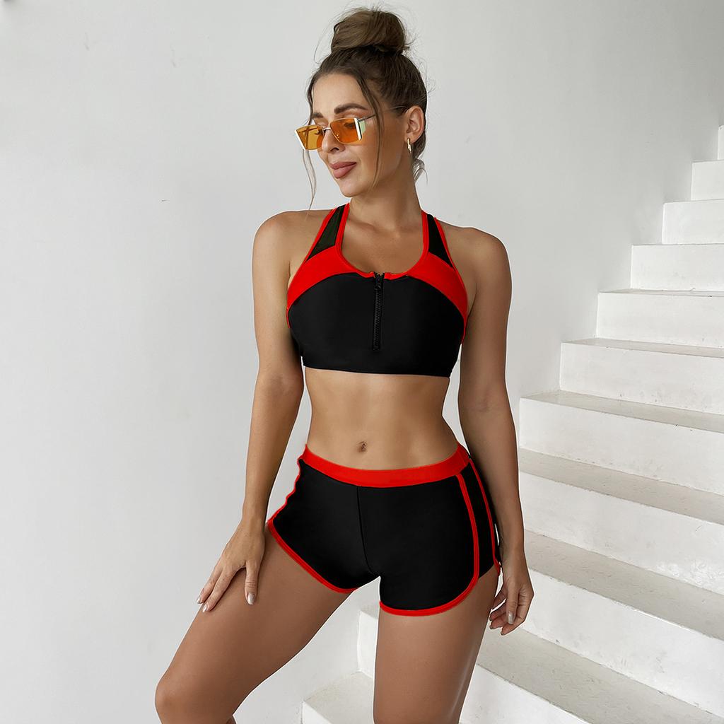 Women's Two-Piece Swimwear with Zipper Closure and Shorts Design