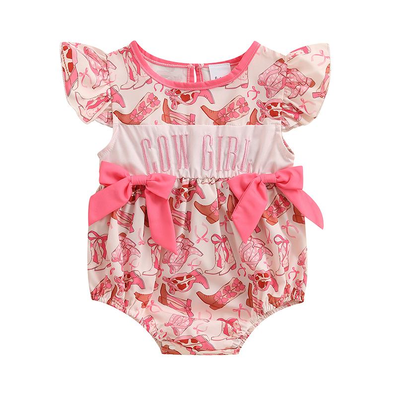 

Baby Jumpsuit Clothes Newborn Baby Girl Fly Sleeve Crew Neck Bows Boots Print Romper Infant Jumpsuit Summer Baby Outfits 60