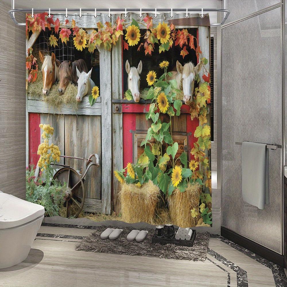 Dunika Chen Rustic Barn Horse Shower Curtain -Waterproof,Mildew-Resistant With Sunflower And Autumn Leaf Design For Farmhouse Bathroom Decor
