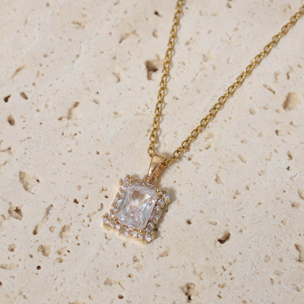 Simple Square Zirconia Pendant Necklaces for Women Stainless Steel Jewelry Party Accessories