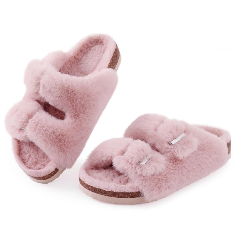 Fashion Kidmi Womens Fuzzy Slippers with Arch Support Adjustable Buckles New Fashion Cork Footbed Slides Open Toe Indoor Shoes for Women