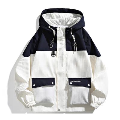 Herbstlicher Kontrastfarben-Hoodie im Hongkong-Stil, locker, lässig, mit Reißverschluss, modische Herrenjacke in Übergröße, zweiteilig im Fake-Look