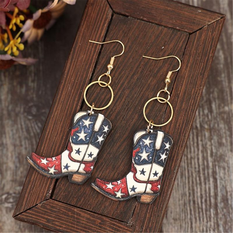 Vintage Inspired Star Print Wood Earrings Portable Accessory for Independence Day and Festive Occasions Casual Wear