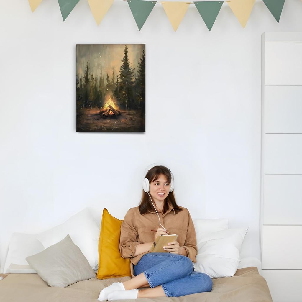 APJYM Rustic Pine Tree Forest Camfire Camping Wall Art, Vintage Dark Moody Wood Land Nauture Landscape Canvas Wall Art for Cabin Camper Home, 11x14