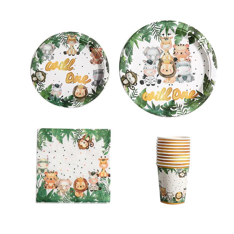 Jungle Animals Disposable Tableware Set: Napkins, Plates, and Cups for High-End Restaurants and Hotels (4-Piece).