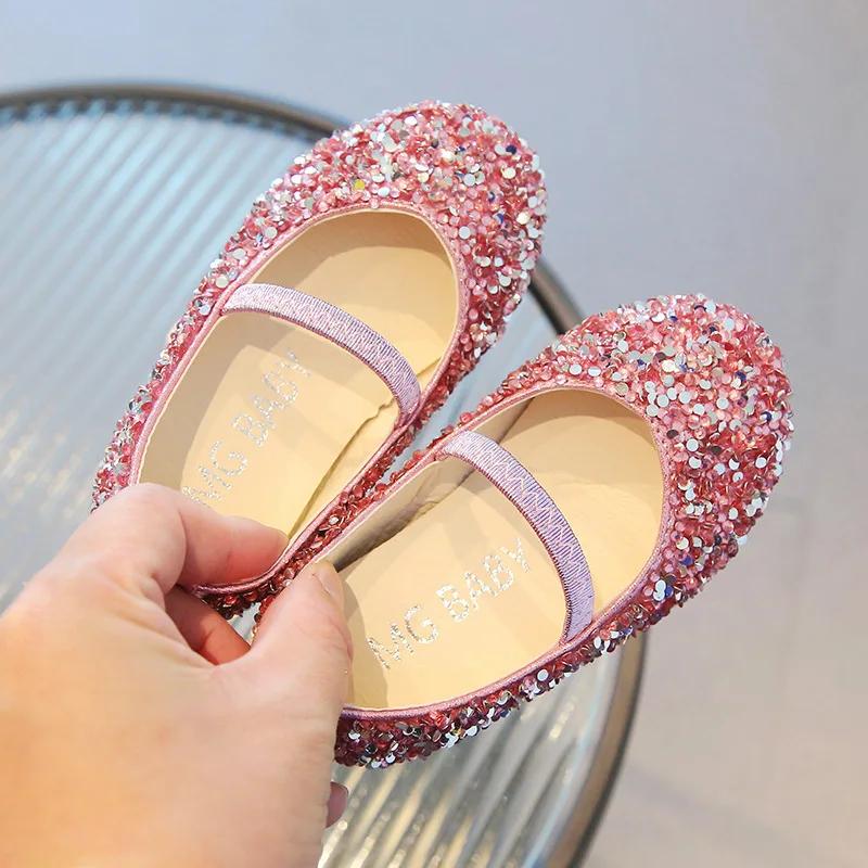 

Girls Crystal Shoes for Wedding Party Bling Shiny Glitter Flats Kids Dress Shoes Children Leather Shoes Princess Sweet Soft New 21 розовый
