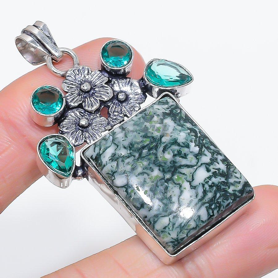 Natural Tree Agate, Topaz 925 Sterling Silver Jewelry Pendant 2.17" h5h16