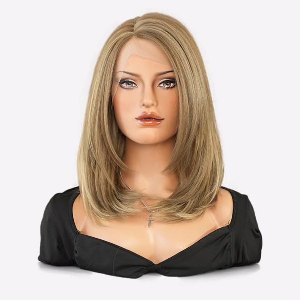 

13x4 T-образный парик с кружевной фронтальной частью - бордовый и золотистый блонд, прямые волосы длиной до плеч, японский канекалон, связанный вручную синтетический парик 40cm 16Inch золотой