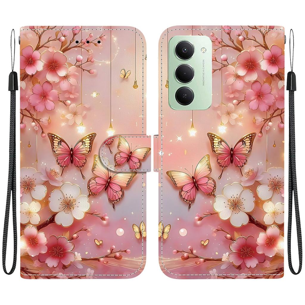 Pro Xiaomi Redmi 15 5G (Globální) (169 mm) Kožené pouzdro Stojan Peněženka Vzorový potisk Kryt na telefon s poutkem na zápěstí