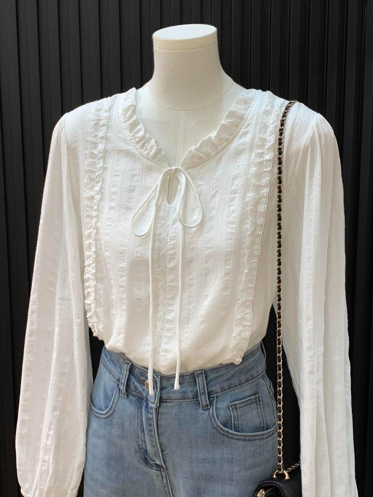 Women s Petite White French Lace Tie Collar Shirt – Chic Gentle Style with Lace Trim XXXL (Premium Quality) белый