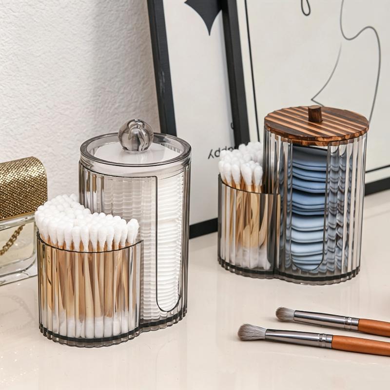 Makeup Pad Storage Holder with Lid Waterproof Cotton Swab Organizer Durable Plastic Bathroom Canister for Countertop Vanity Storage