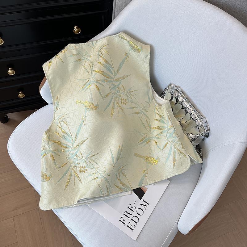 Jacquard vest vest women's early spring new retro buckle brocade stacked vest top