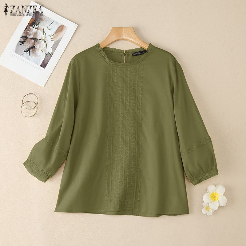 ZANZEA Dámská ležérní bavlněná halenka s kulatým výstřihem a 3/4 rukávy