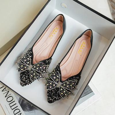 Damen Ballerinas 2024 Neu Spitzzehen Bankett Strass Pailletten Schleife Hochzeitsschuhe Damen Einzelne Schuhe Zapatos Mujer