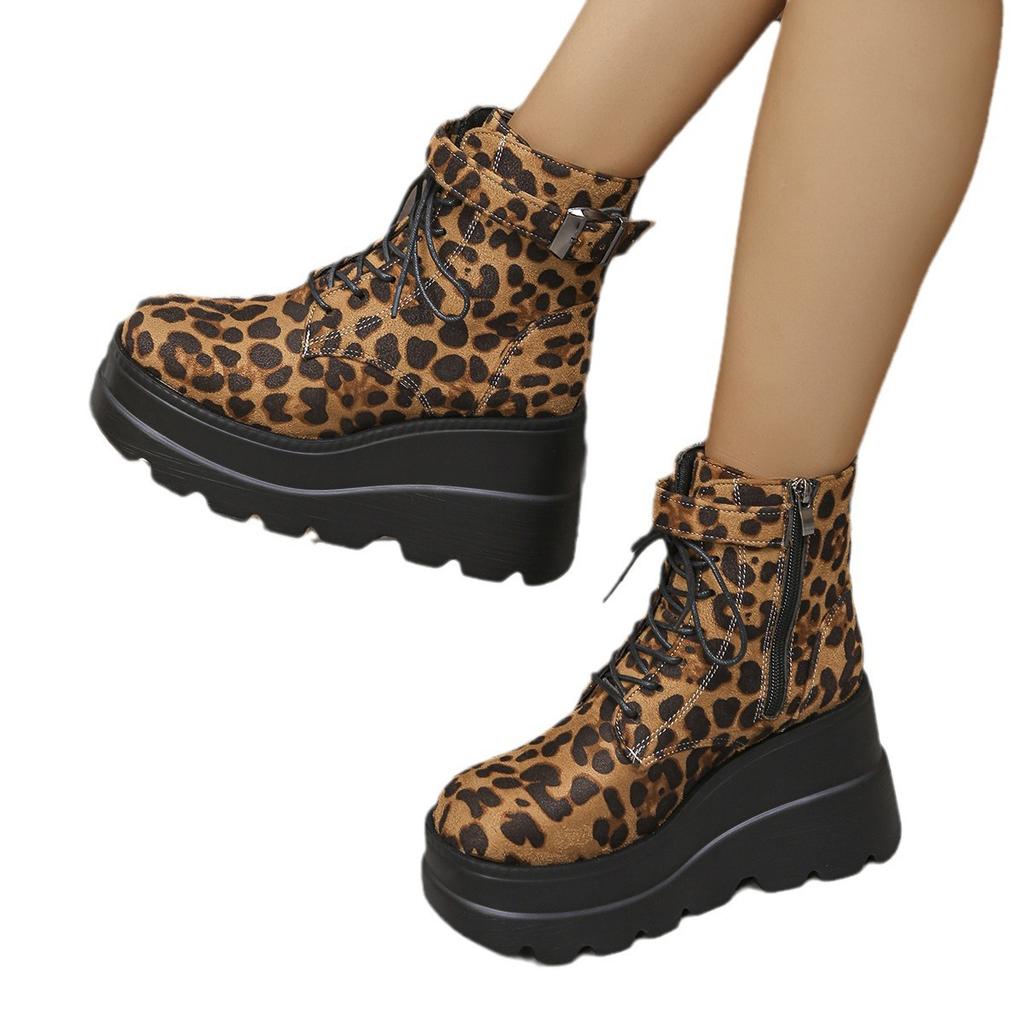 Women's boots new thick heel thick-soled patent leather Martin boots women's large size 43 leopard print short boots