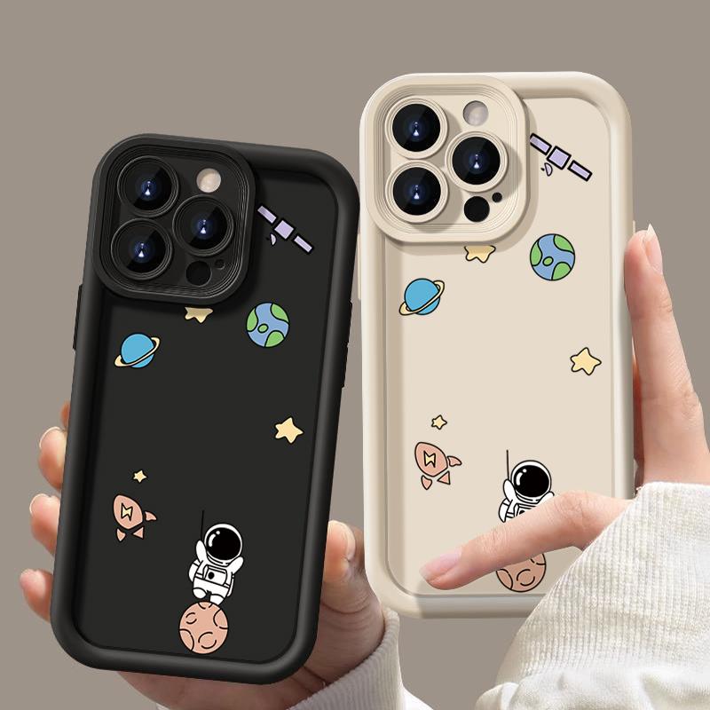 

Милый принт астронавта ТПУ мягкий матовый чехол для телефона iPhone 16 Pro Max 15 14 Pro 13 12 11 XS XR 8 7 однотонный ударопрочный защитный объектив задняя крышка iPhone 16 чёрный