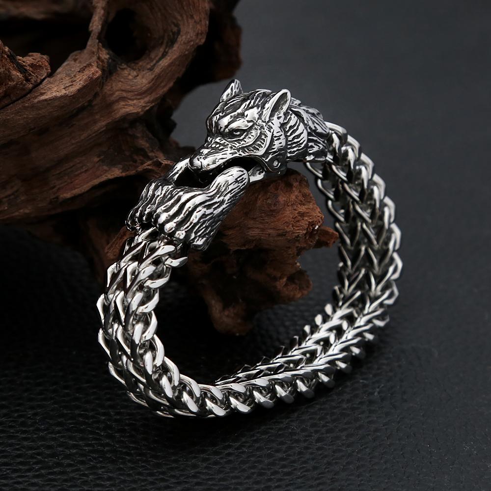 Punk Vintage Viking Wolf Head Bracelet Stainless Steel Men's Animal Wristband Charm Trendy Mesh Chain Bangles  Jewelry
