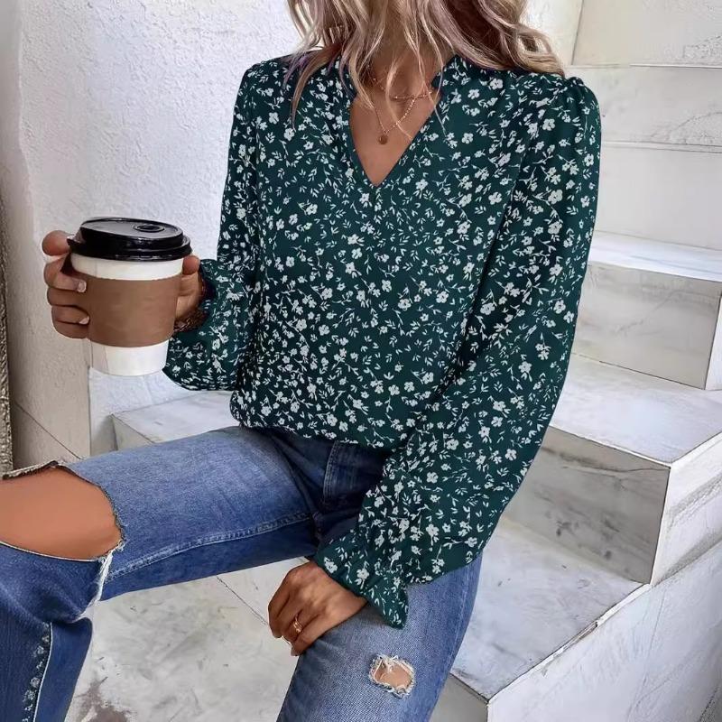 Podzimní dámský květinový pulovr s výstřihem do V, volánky, sladká košile s dlouhým rukávem a potiskem