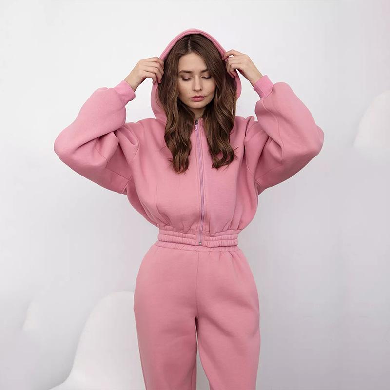 Casual women's suit European and American hoodie long-sleeved zipper cardigan sweater sports elastic trousers two-piece set