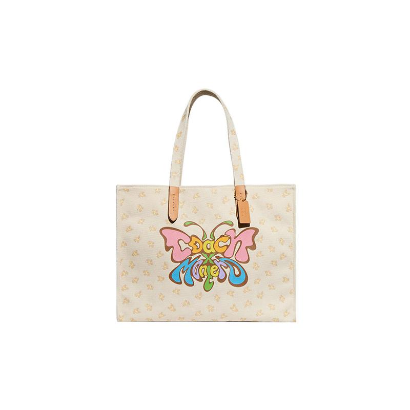 

COACH shoulder bag Lil Nas joint model 43 snap button closure butterfly print canvas and glove tanned leather tote tote shopping hand women s білий