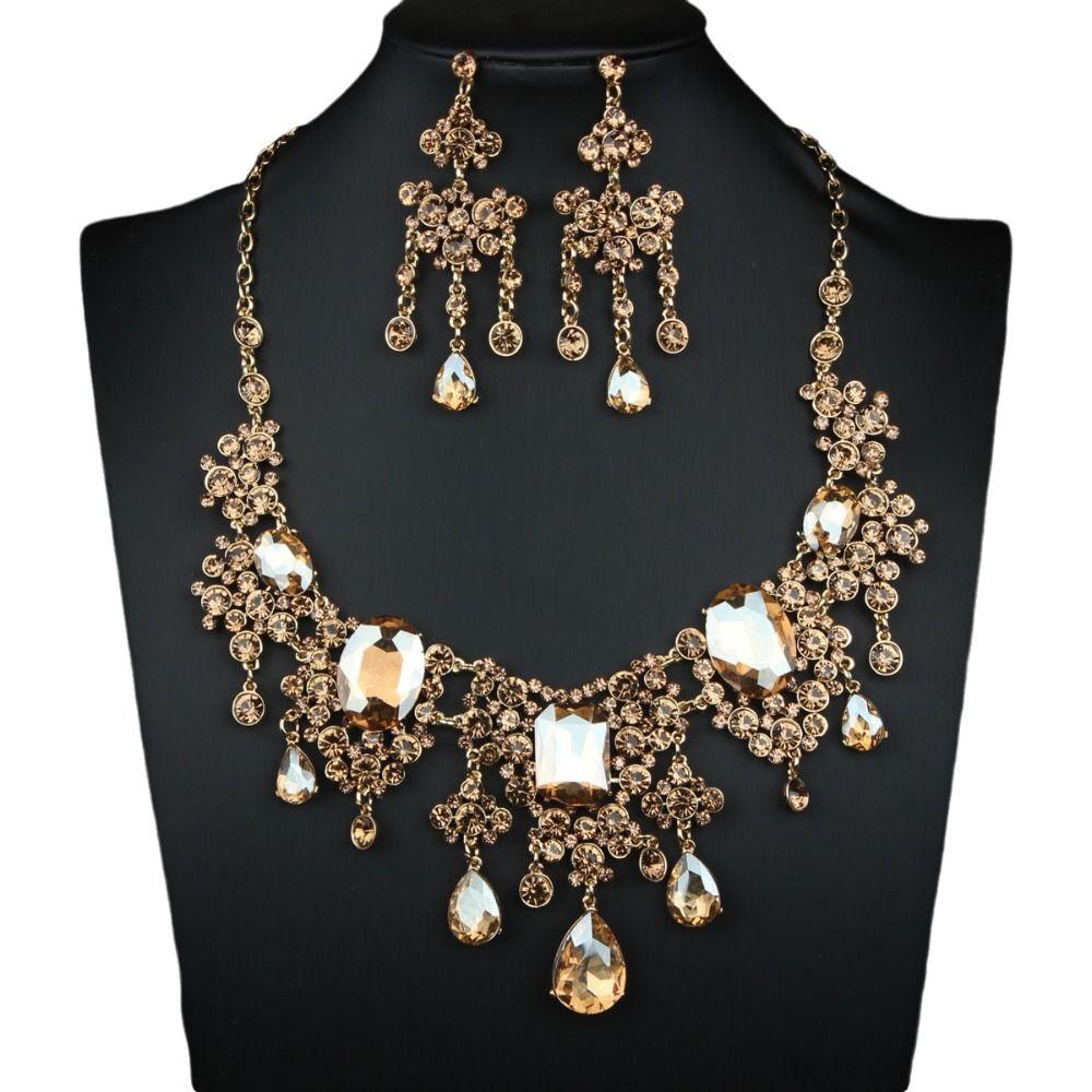 Shiny Necklace Earrings Set Baroque Wedding Bridal Accessories Rhinestone Jewelry Set Prom Event