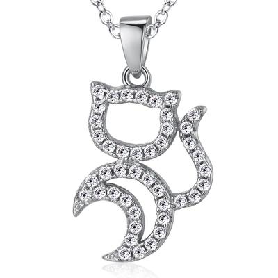 Ashley Jewelry Necklace, Sterling Silver 925, Cat and Moon Pendant, Women's, Cubic Zirconia Pave
