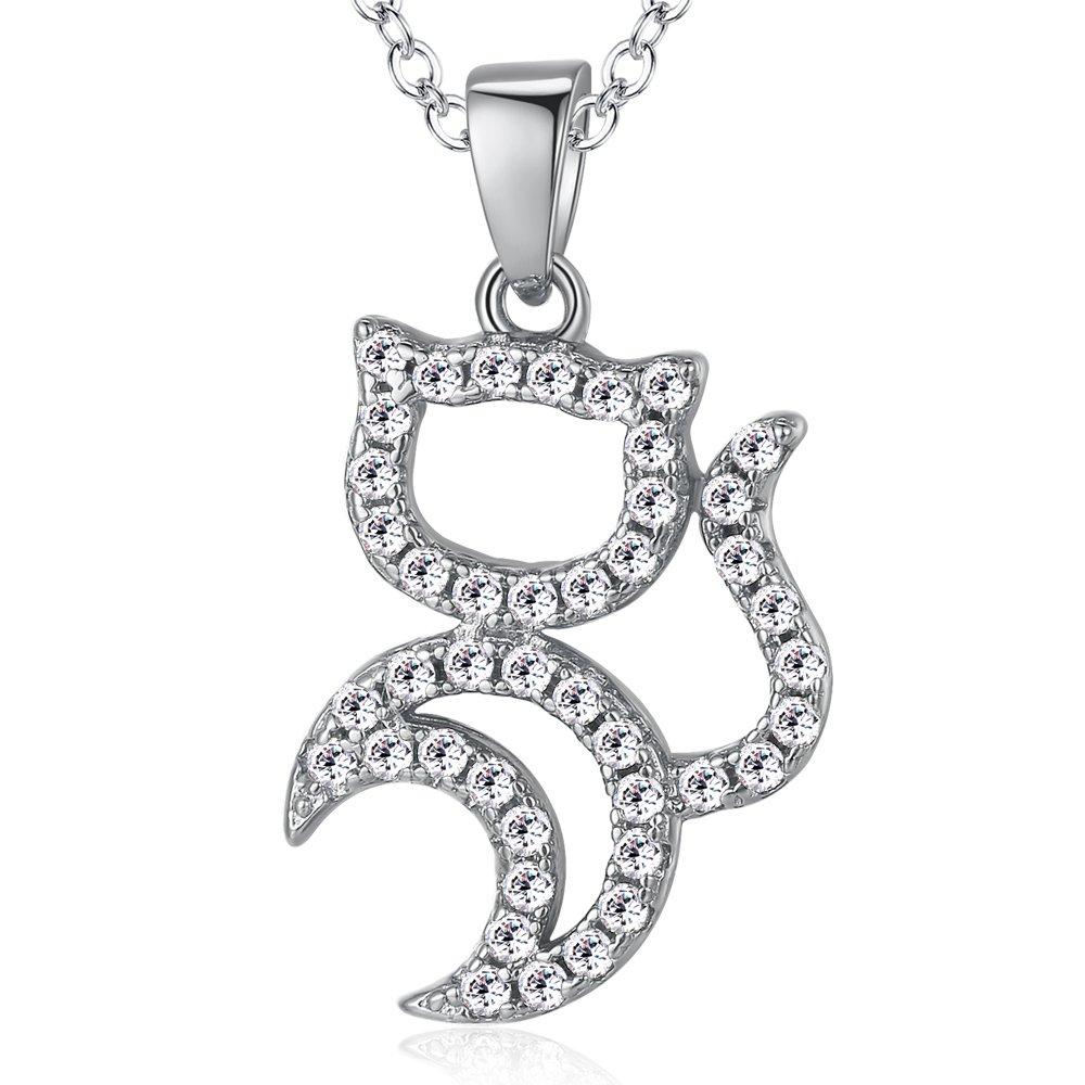 Ashley Jewelry Necklace, Sterling Silver 925, Cat and Moon Pendant, Women s, Cubic Zirconia Pave
