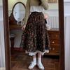 Spring Vintage Lace Trim Floral Midi Skirt for Women - High-Waist A-Line Full Flared Drape Half Skirt