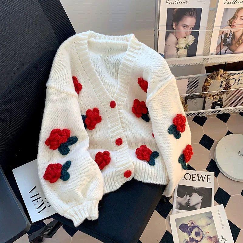 Three Dimensional Flower Loose Knit Cardigan Short Sweater Women's Coat
