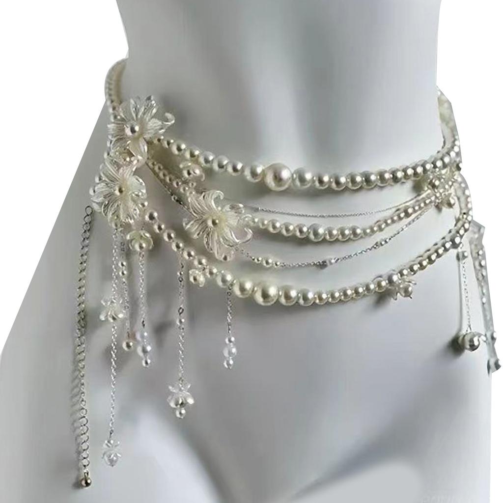 Elegant Tassel Floral Pearl Layered Waist Chain Multilayer Body Chain Decorative Belly Decor for Fashion Forward Women