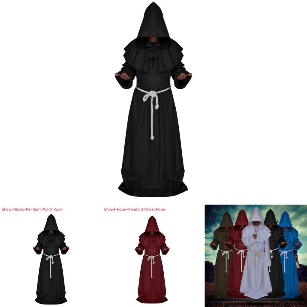 Medieval Monk Costume Wizard Priest Robe Shawl Set For Halloween Cosplay Enthusiasts