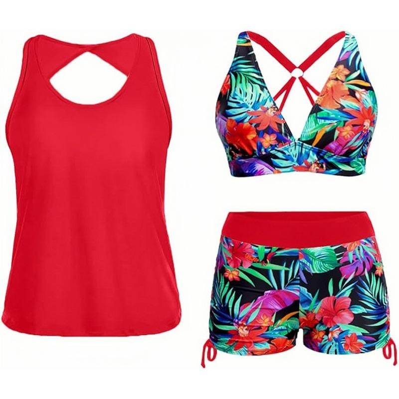 Hollow Back Three-piece Set, Side Adjustable Drawstring Boxers, Split Swimsuit for Women