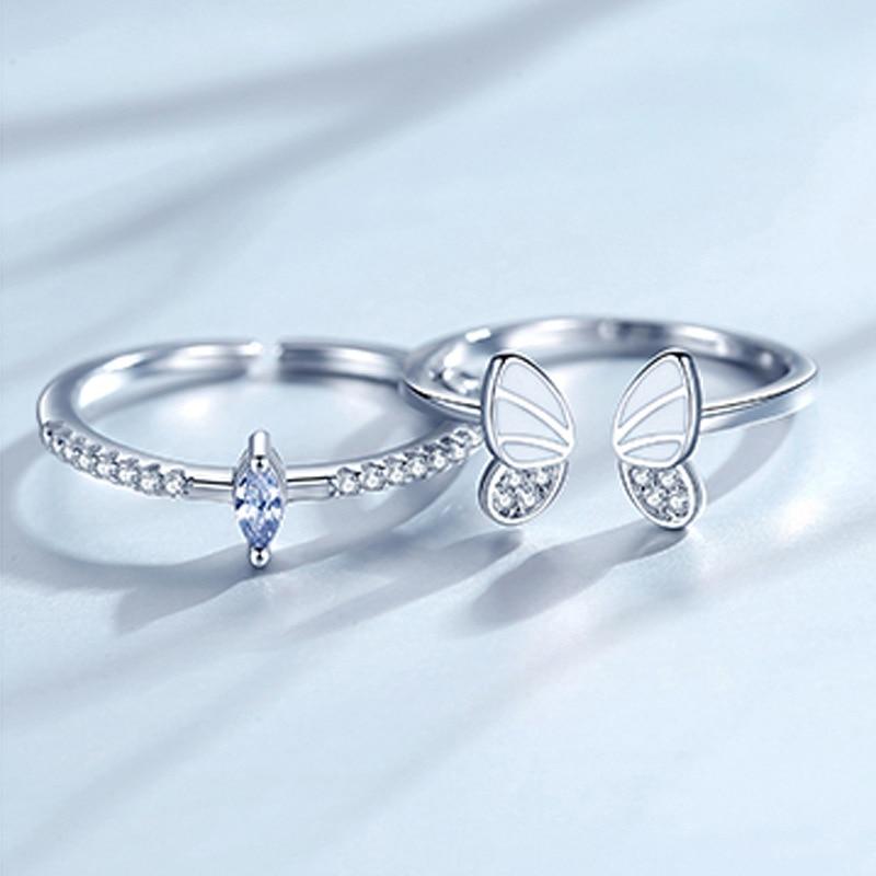Stříbro 925 Korejský Bílý Trojrozměrný Motýl Zirkon Dvojitý Prsten Set Unikátní Design Hmyzí Kombinace
