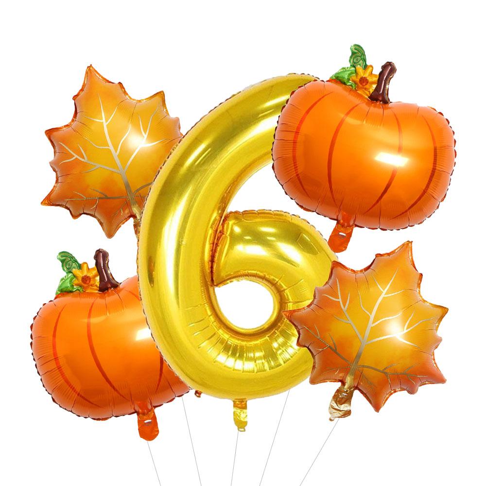 5pcs Autumn Pumpkin Maple Leaves Balloons Set 32inch Gold Number 0-9 Balloon Birthday Decorations Fall Festive Party Supplies