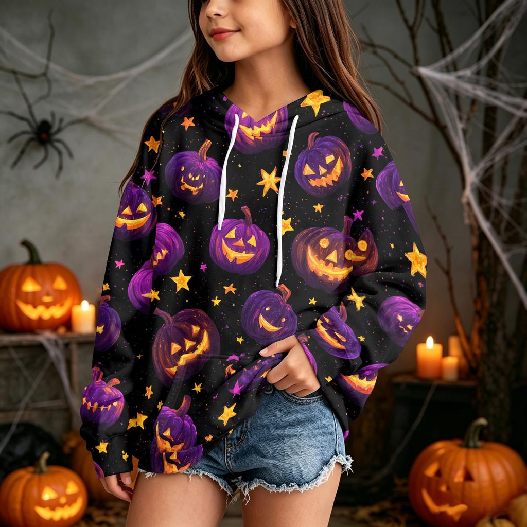 Kids' Halloween Print Hooded Sweatshirt - Casual Pullover for Boys and Girls