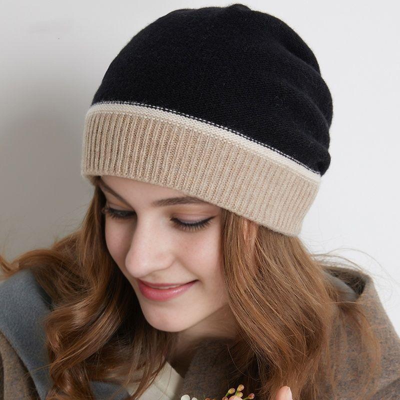 Autumn and Winter Piece Together Color Thickened for Keep Warmth Knitted Mao Line Hat Women Fashion Ear Protection Baotou Knitted Heap Heap Hat