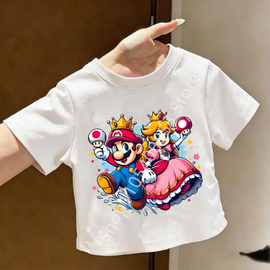 Super Marios Tshirt for Children Cartoon Anime Clothes Round Collar Clothing Short Sleeve Kid Summer Tee Top