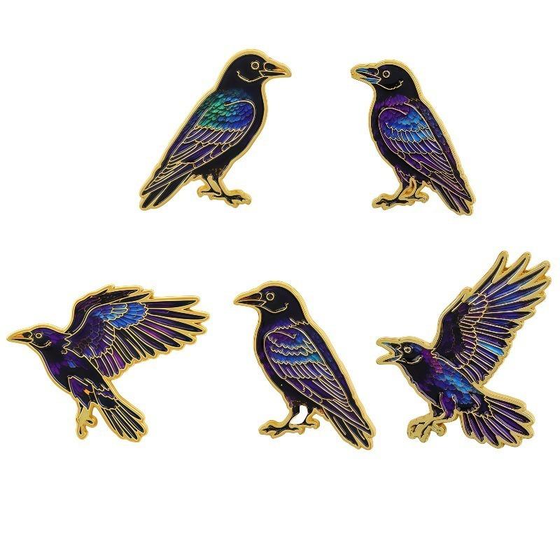 5Pcs Punk Enamel Pin Set Cartoon Crow Brooch For Coat Halloween Brooches Collar Lapel Pins Metal Badges Jewelry Party Gift