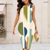 Women Plus Size Round Neck Sleeveless Geometric Printed Bodycon Midi Dress