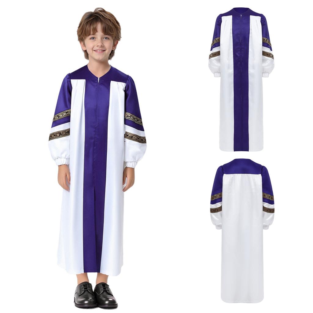 Kinderen Halloween Kostuum Priester Gewaad: Color Block Ritssluiting Badjas met Geborduurde Strepen voor Koor Themafeest