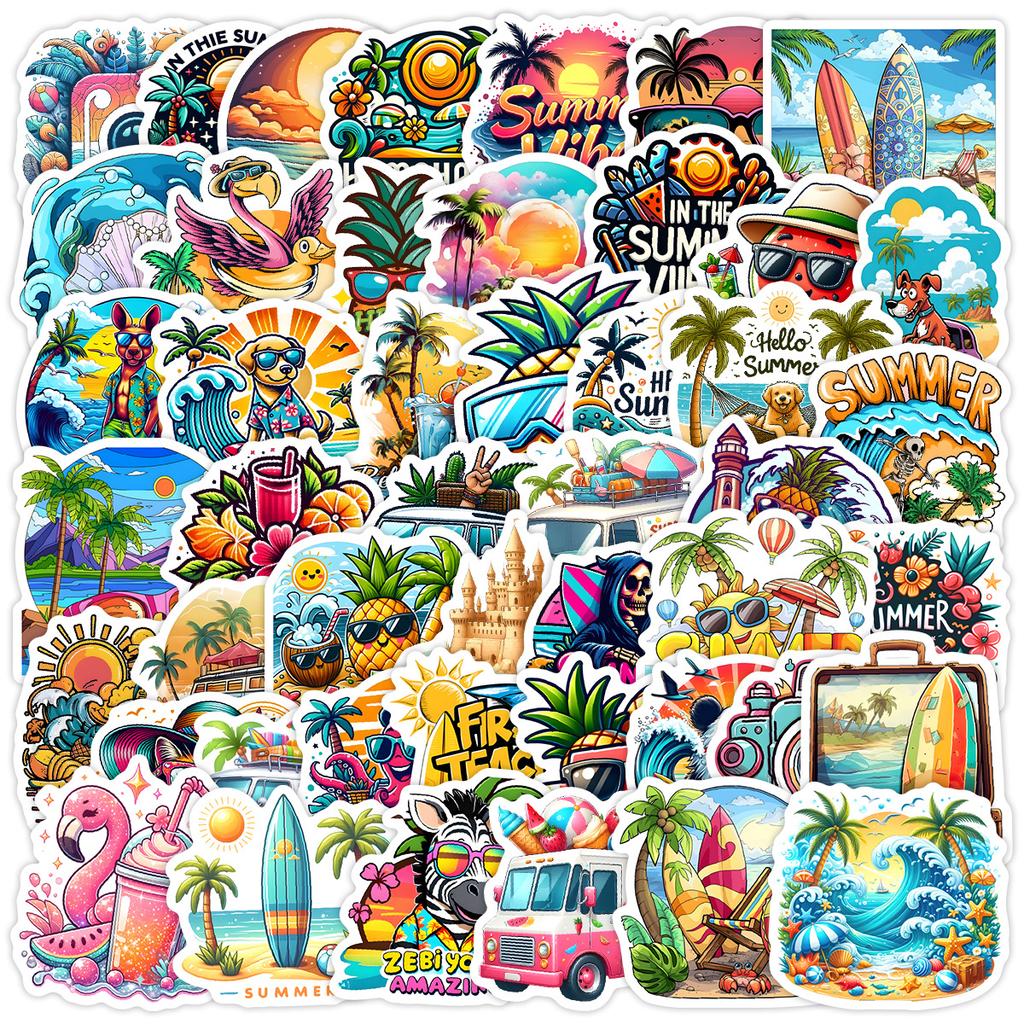 50 Colorful Summer Graffiti Stickers Personalized Vacation Style Beach DIY Water Cup Mobile Phone Waterproof Decorative Stickers