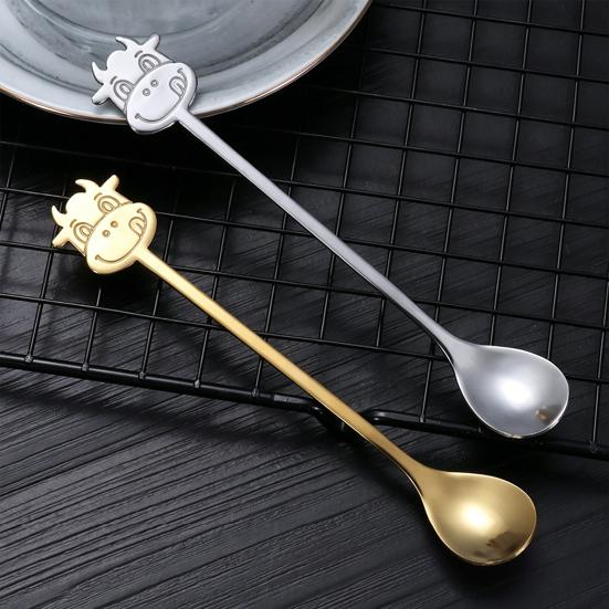 Yousheng Stainless Steel Coffee Spoon, Long Handle with Bull Head Decor, Multifunctional Stirring Spoon for Coffee Milk Tea