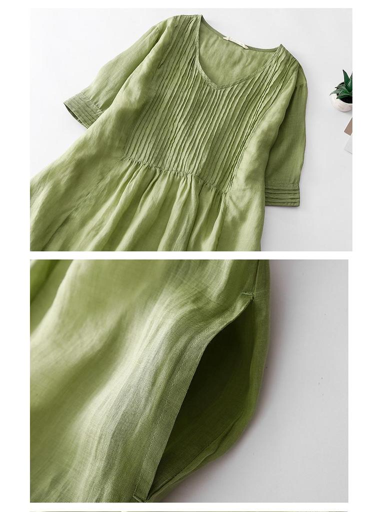2024 Summer Women's Cotton-Linen V-Neck Pleated Retro Dress