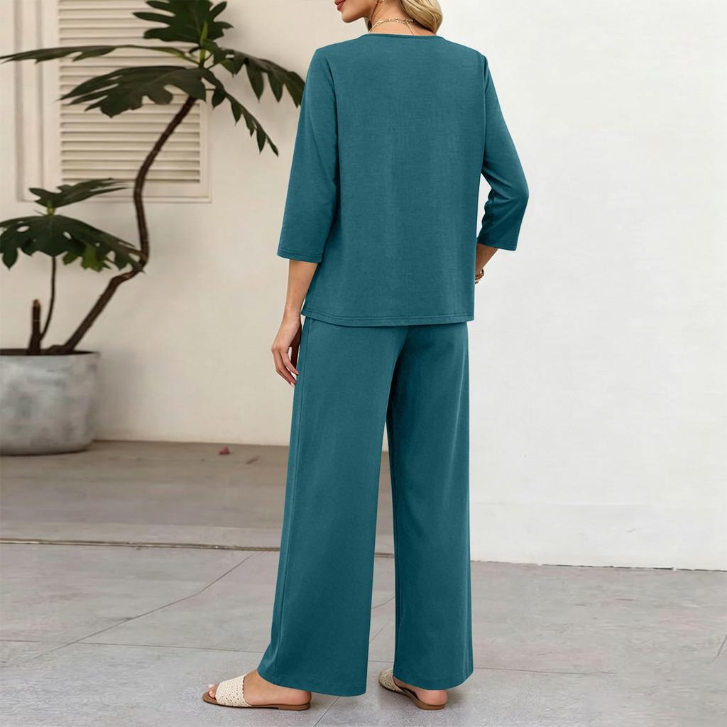 Women's 2-Piece Outfit Set Button Down 3/4 Sleeve Top and Wide Leg Pants Color Casual Matching Set for Everyday Wear